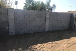 A concrete block wall with palm trees in the background.