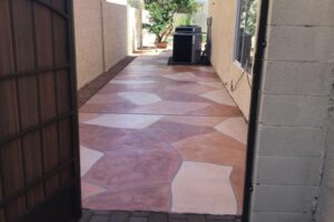 A walkway with a large floor tile pattern.