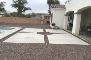 A dog sitting in the middle of an open driveway.