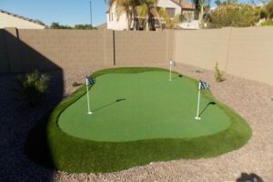 A golf putting green in the middle of a backyard.