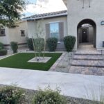 A front yard with a walkway and grass.