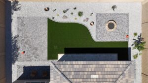 A bird 's eye view of a garden with stairs and a pond.