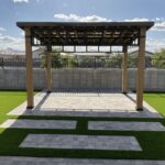 A large wooden structure with grass in the middle of it.